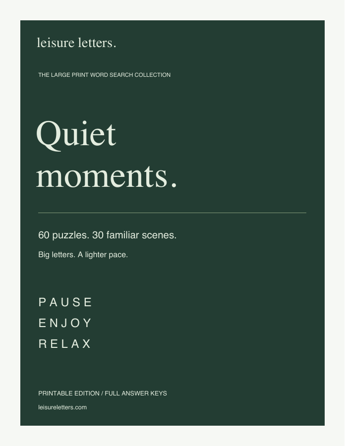 Quiet Moments: 60 large print word searches by Leisure Letters, green and cream book cover